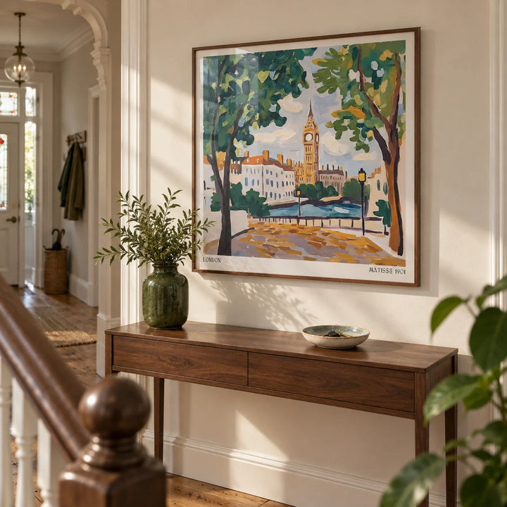 Matisse Prints for Sale, framed on the wall of a Victorian terrace hallway with a warm white wall and a plain wooden floor