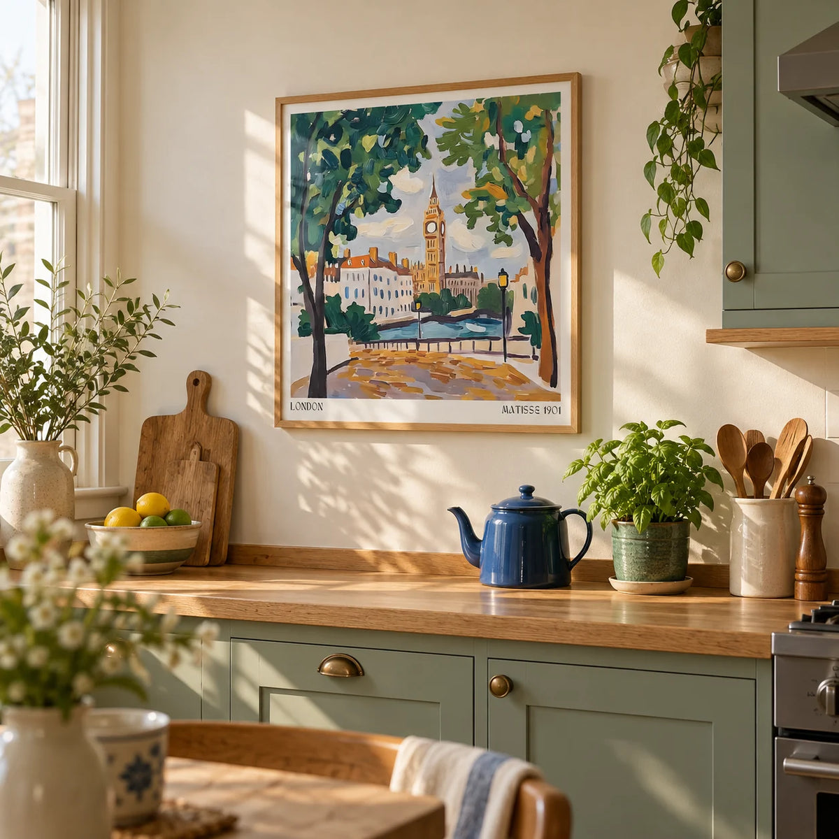 Matisse Prints for Sale, framed on the wall of a warm terraced-house kitchen with a cream wall and sage green painted cabinets
