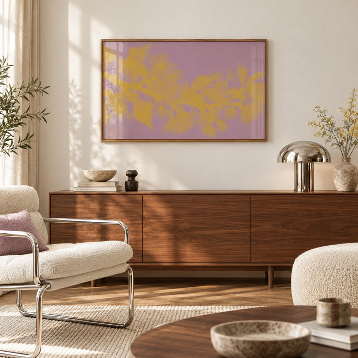 Mauve Cherry Blossom Print styled above a sideboard (frame not included)