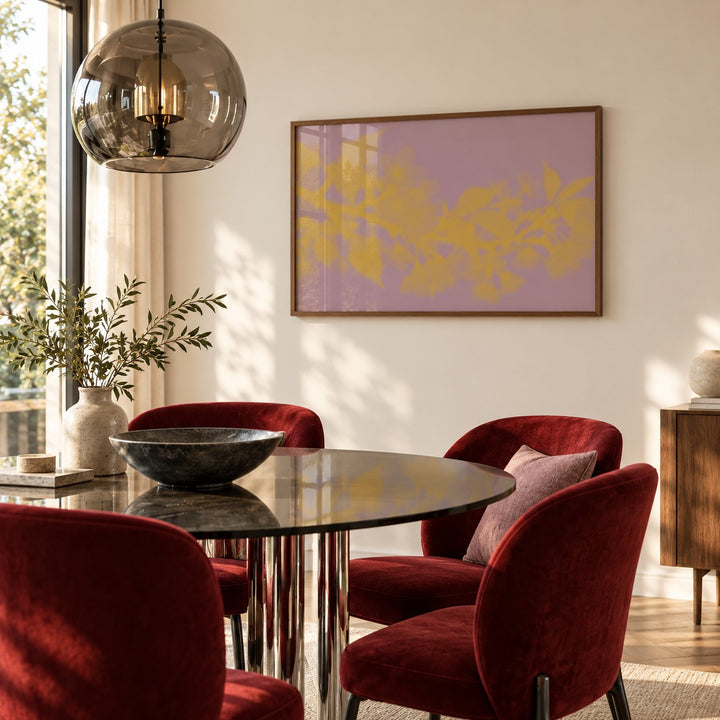 Mauve Cherry Blossom Print styled in a dining room (frame not included)