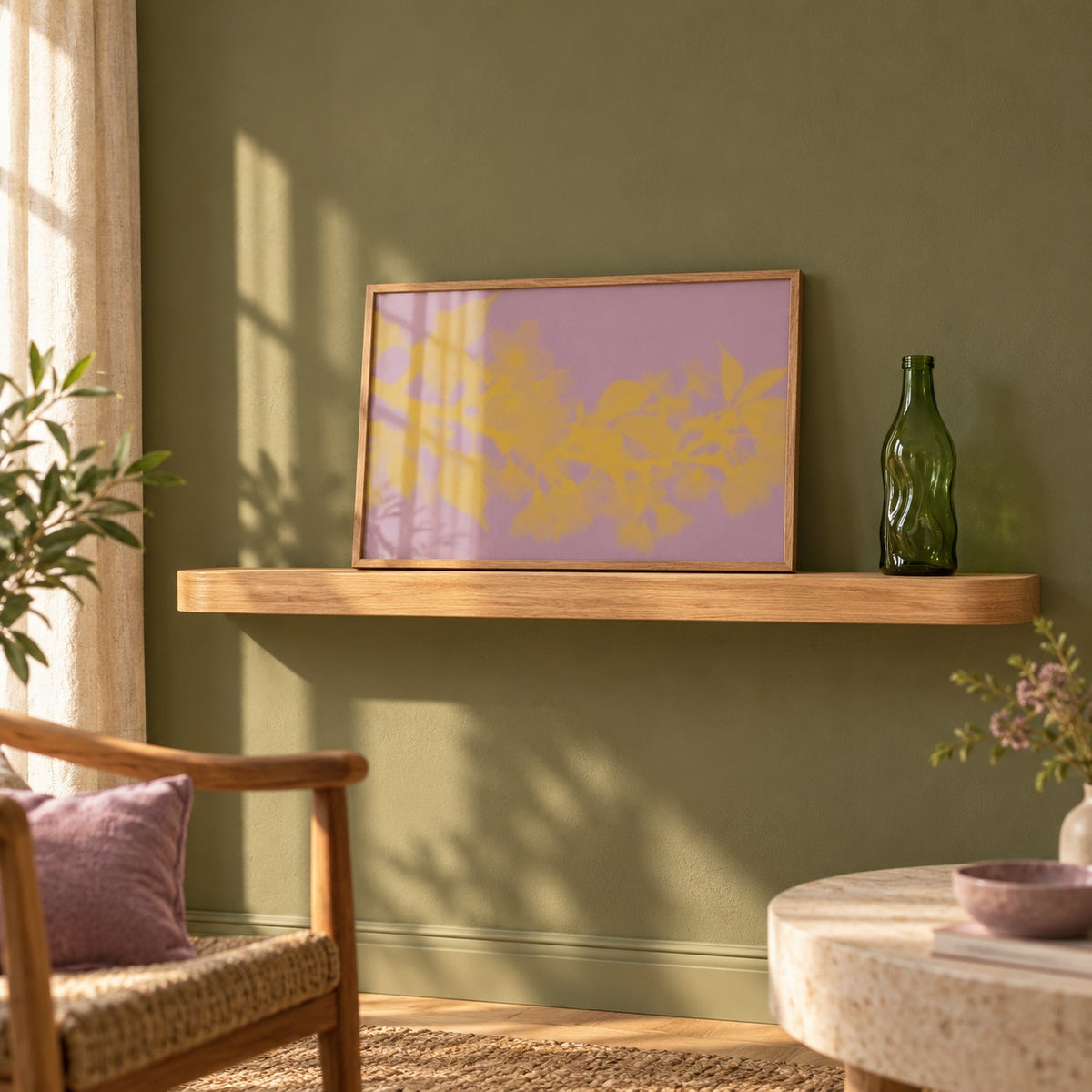 Mauve Cherry Blossom Print styled on a shelf against a green wall (frame not included)