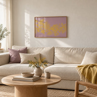 Mauve Cherry Blossom Print styled in a living room (frame not included)