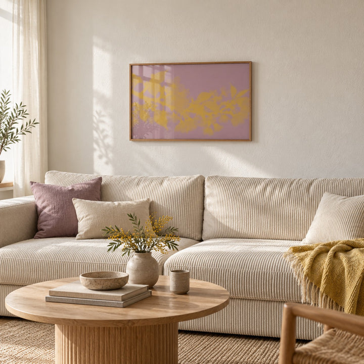 Mauve Cherry Blossom Print styled in a living room (frame not included)