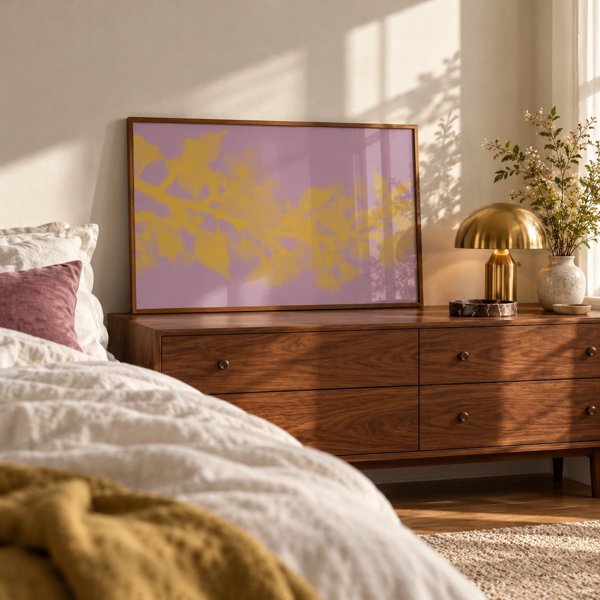 Mauve Cherry Blossom Print styled in a bedroom (frame not included)