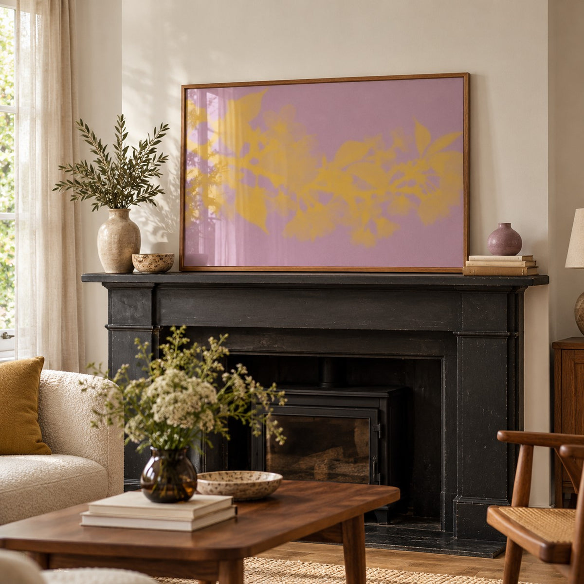 Mauve Cherry Blossom Print styled on a mantelpiece (frame not included)