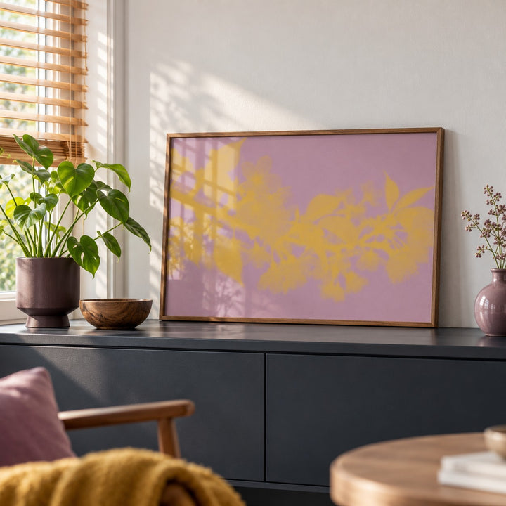 Mauve Cherry Blossom Print styled on a black sideboard (frame not included)