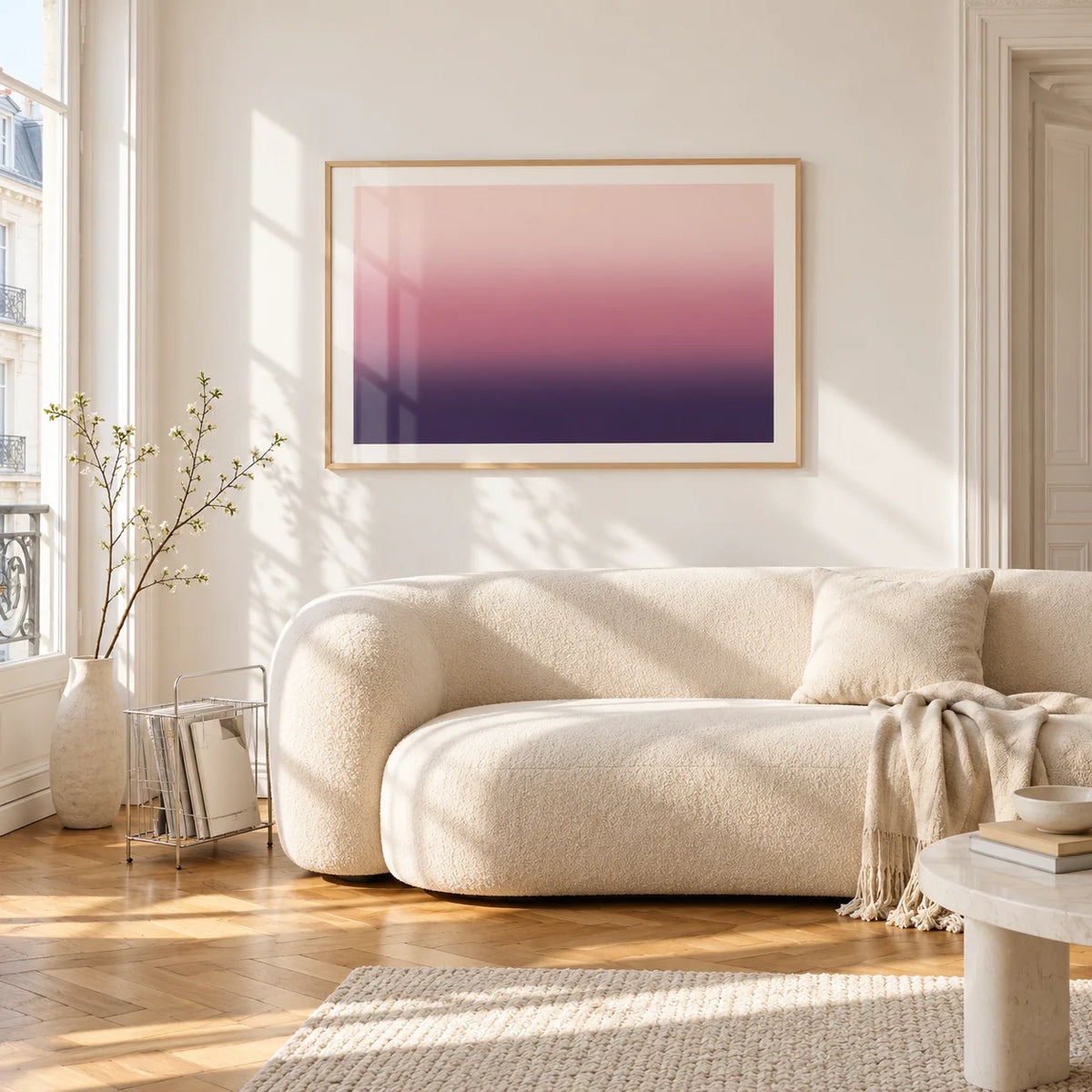 Mauve Print, framed on the wall of a bright living room corner