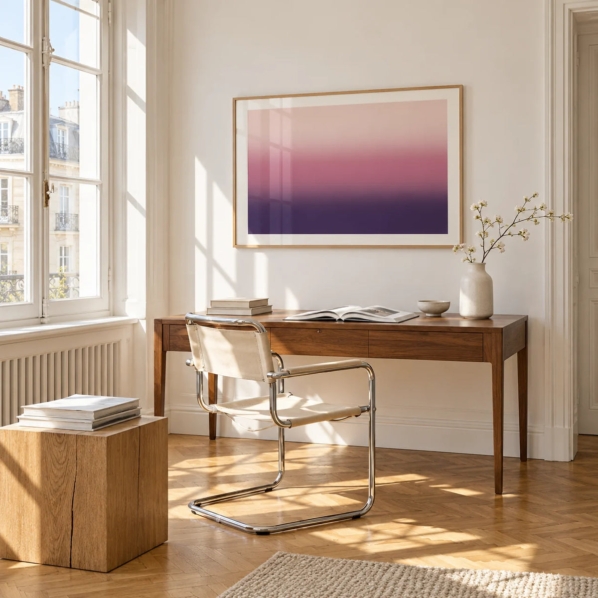 Mauve Print, framed on the wall of a bright study corner with a tall white paned window