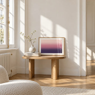 Mauve Print, a small A4 framed print leaning on a small solid oak side table