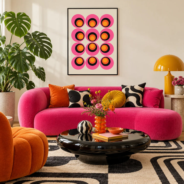 Maximalist Wall Art, framed on the wall of a bright apartment living room with white walls and honey herringbone parquet