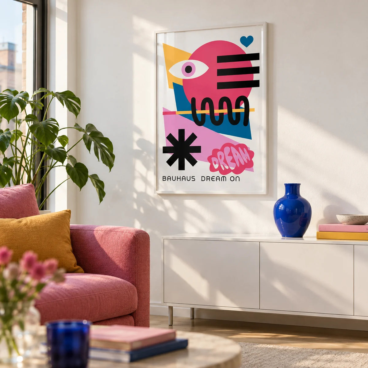 Maximalist Wall Art, framed on the wall of a bright first-flat living room (22-28) with a white wall
