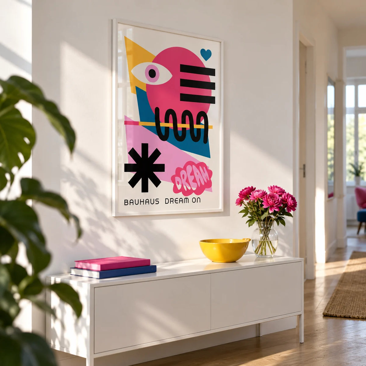 Maximalist Wall Art, framed on the wall of a bright hallway with a white wall
