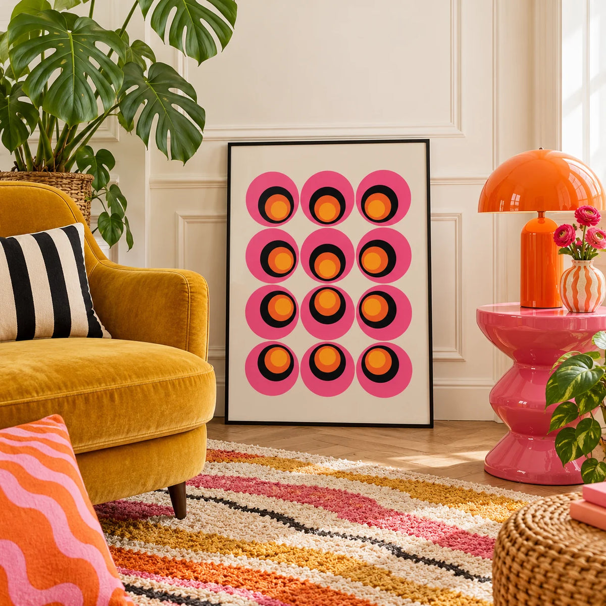 Maximalist Wall Art, framed on the wall of a bright room with white panelled walls and a herringbone floor in a living room