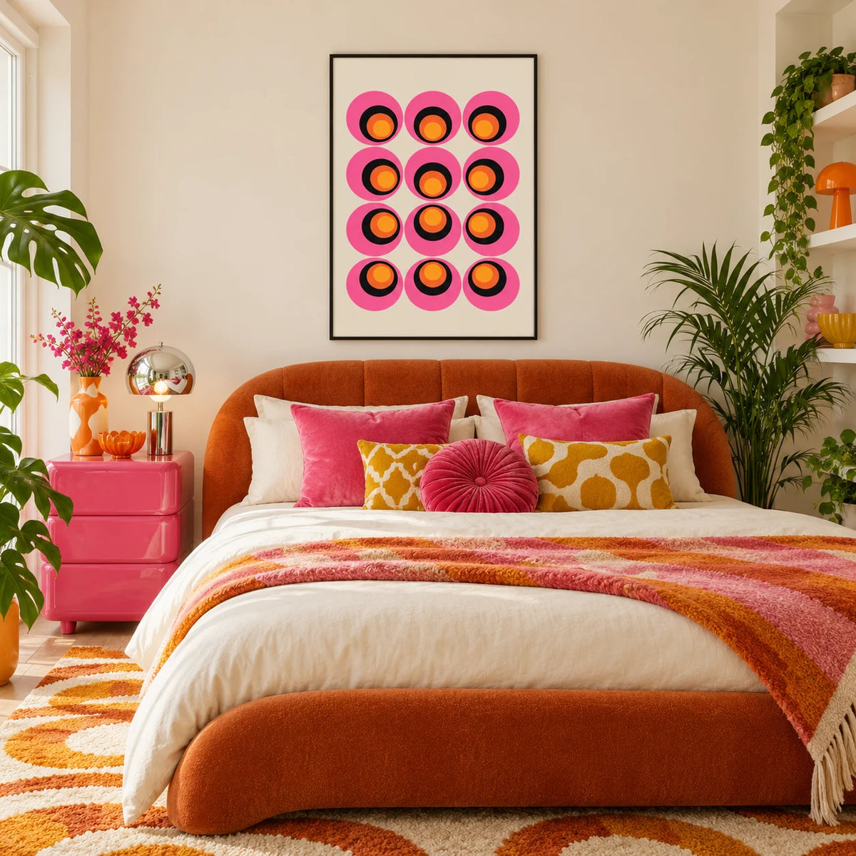 Maximalist Wall Art, framed on the wall of a calm modern bedroom with a warm white wall