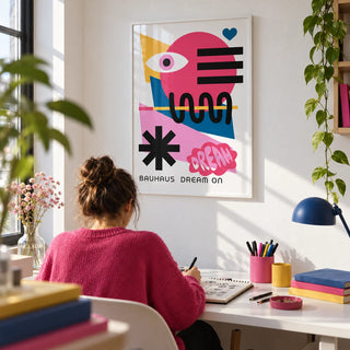 Maximalist Wall Art, framed on the wall of a creative desk corner with a white wall