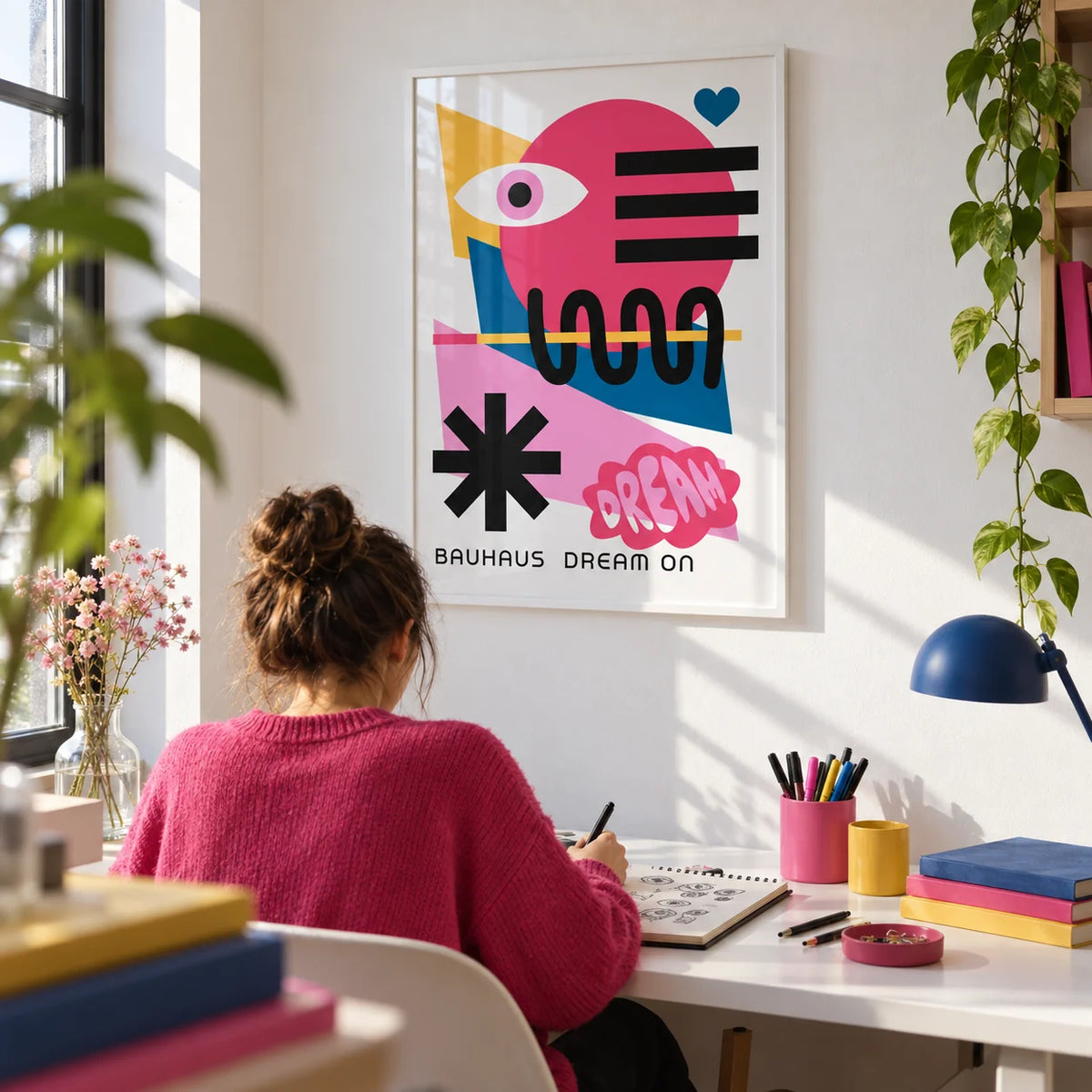 Maximalist Wall Art, framed on the wall of a creative desk corner with a white wall