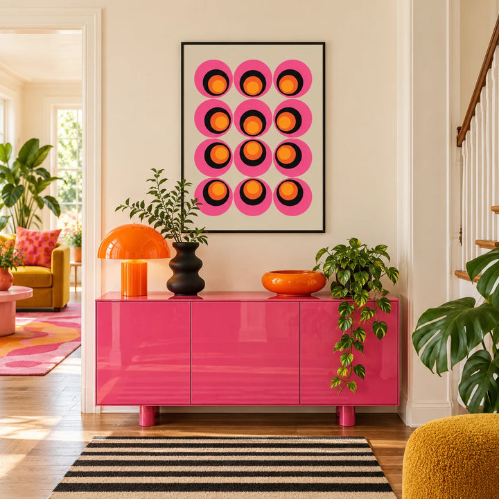 Maximalist Wall Art, framed on the wall of a hallway with a warm white wall and herringbone oak floor