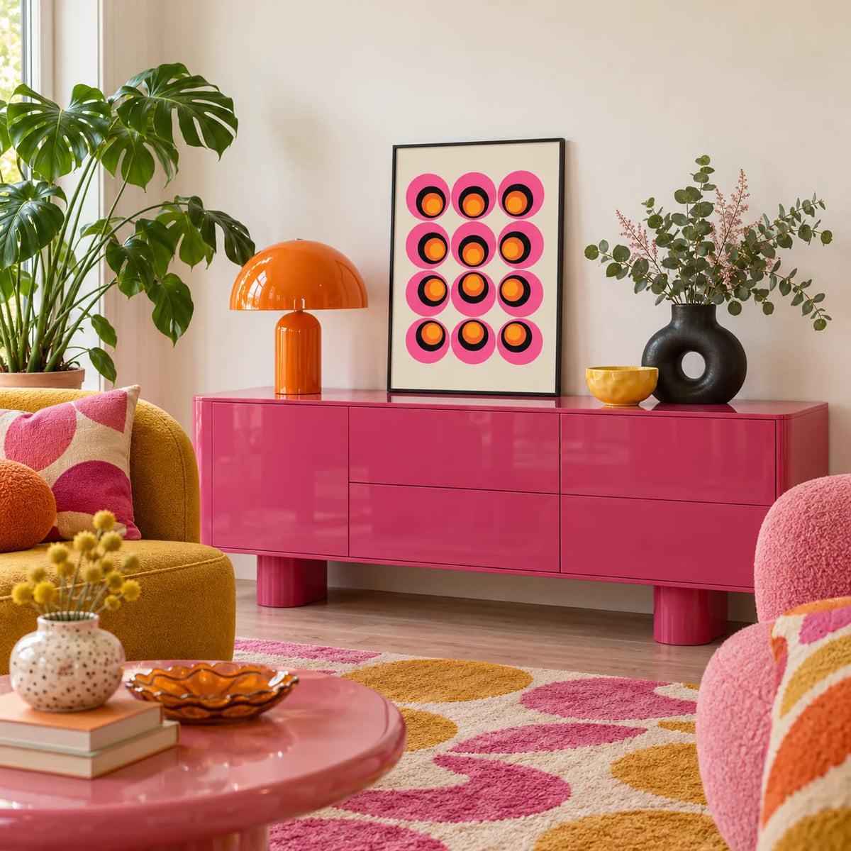 Maximalist Wall Art, a small A4 framed print leaning on a low pale wooden side table in a hallway