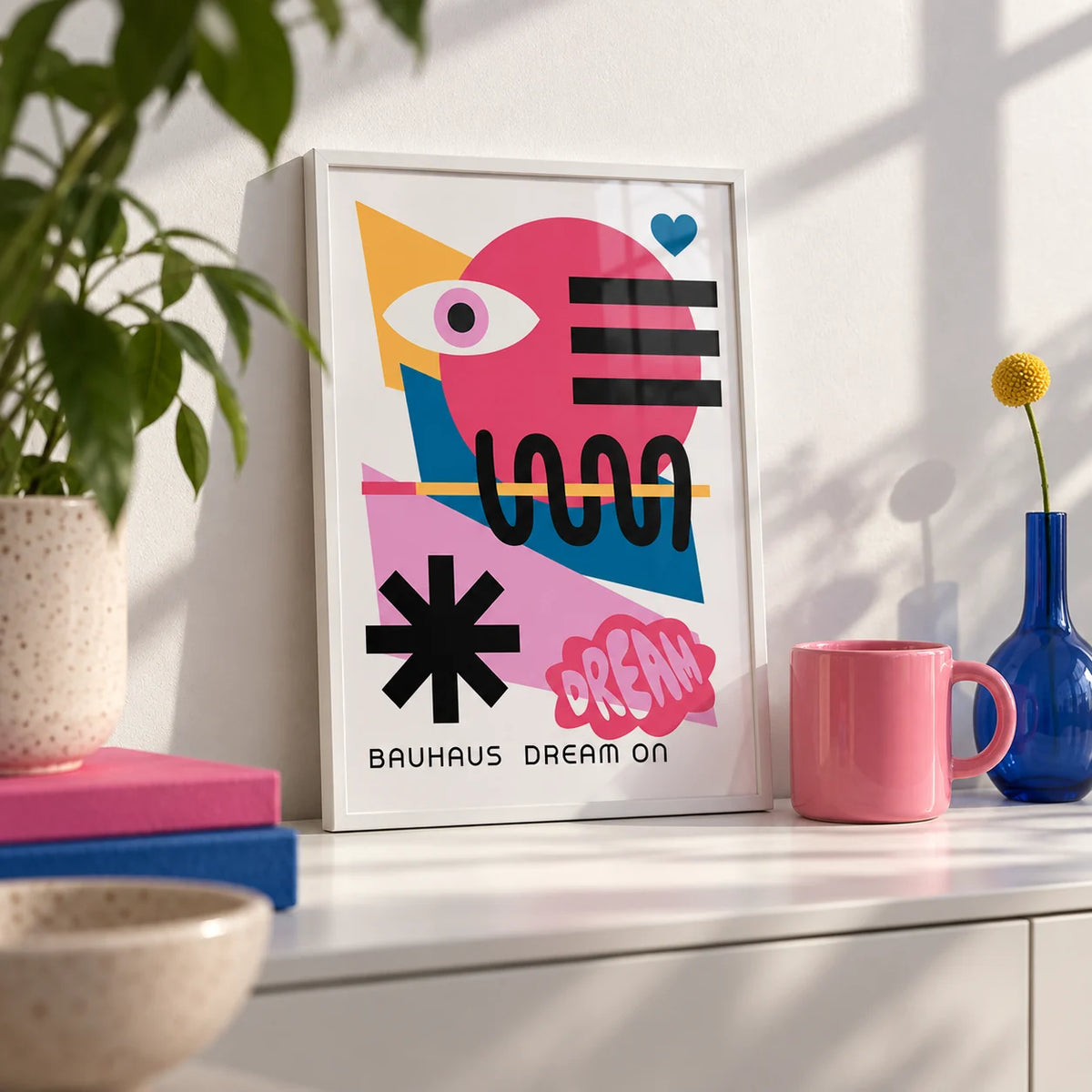 Maximalist Wall Art, a small A4 framed print leaning on a white shelf in a living room