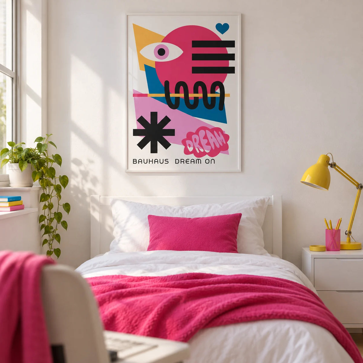 Maximalist Wall Art, framed on the wall of a teenage girl's bedroom (14-17) with a white wall