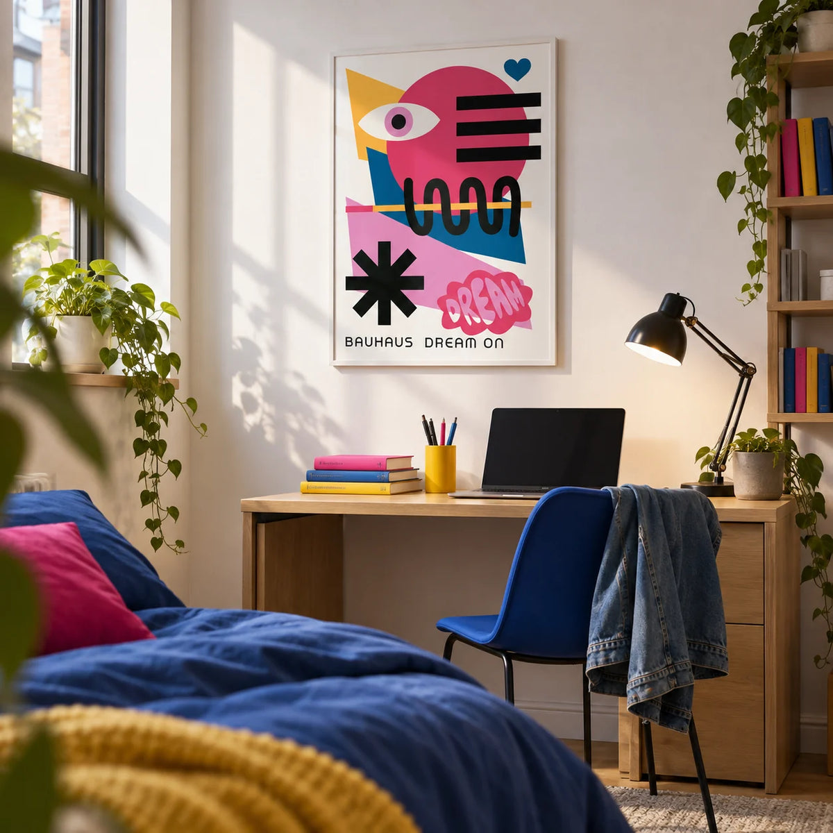 Maximalist Wall Art, framed on the wall of an uni room (18-21) with a white wall in a bedroom