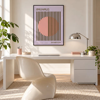 MCM Wall Art, framed on the wall of a bright white home office with a chrome lamp