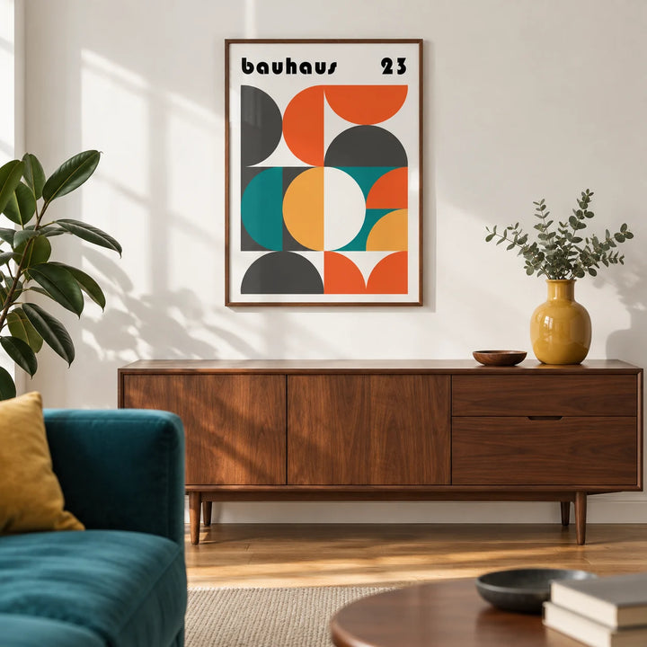 MCM Wall Art, framed on the wall of a mid-century living room with a white wall and an oak floor