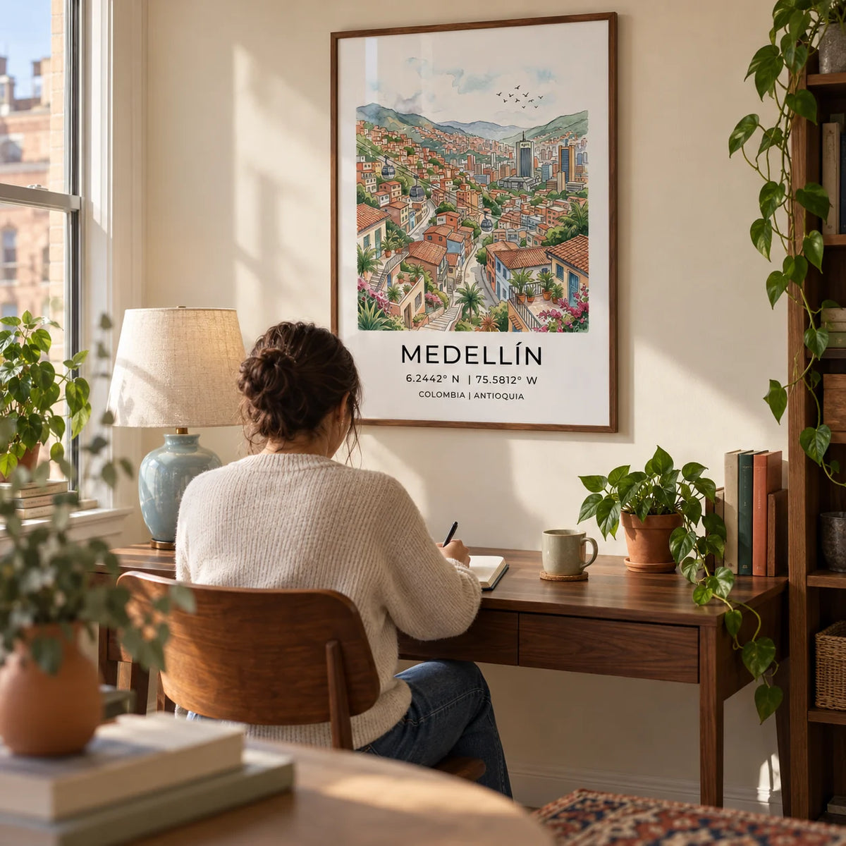 Medellin City Art Print, framed on the wall of a quiet home study in a UK flat belonging to a Colombia travel enthusiast (30-45)