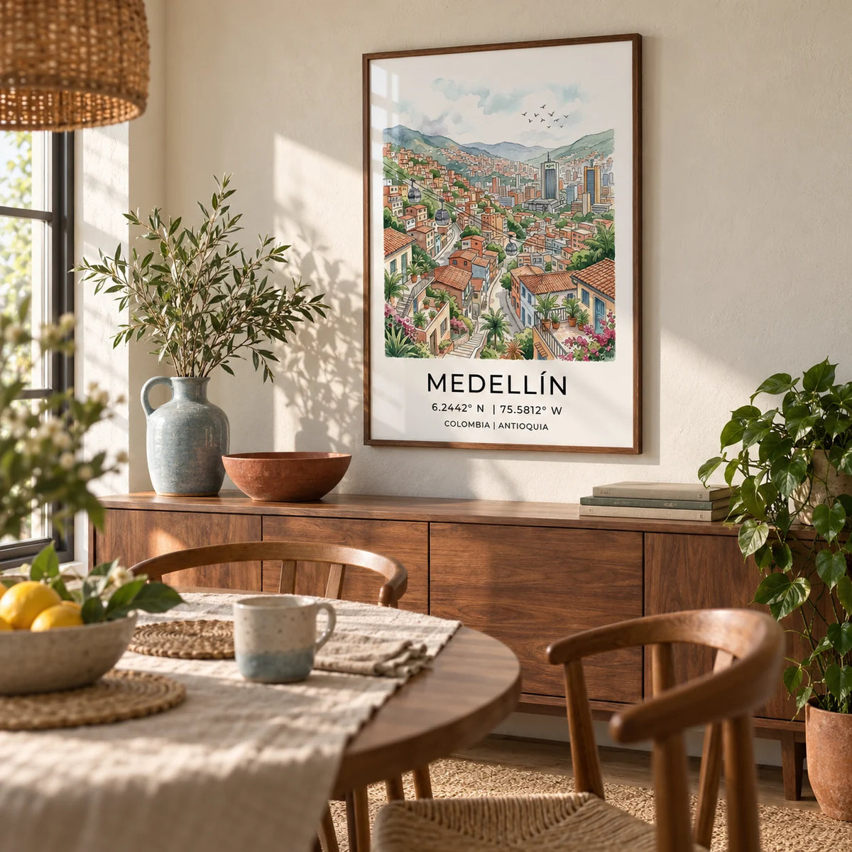 Medellin City Art Print, framed on the wall of a relaxed dining room in a travel-loving couple's UK home with warm off-white plaster walls