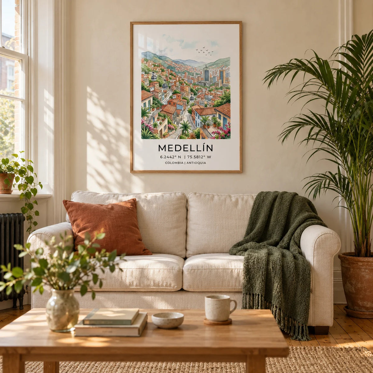 Medellin City Art Print, framed on the wall of a warm living room in a UK Victorian terrace with cream limewashed walls and honey-toned floorboards