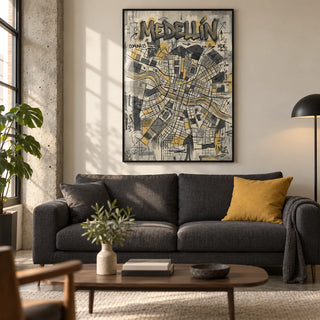 Medellin Map Art Print, framed on the wall of a contemporary living room in a converted UK warehouse flat with a warm off-white wall and an exposed concrete column