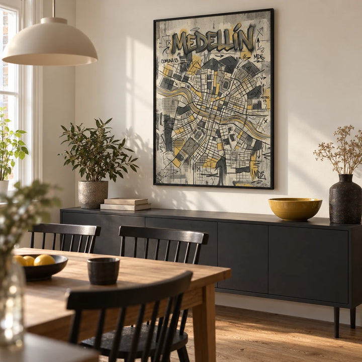 Medellin Map Art Print, framed on the wall of a modern dining room in a UK terrace with a warm white wall and plain oak floor
