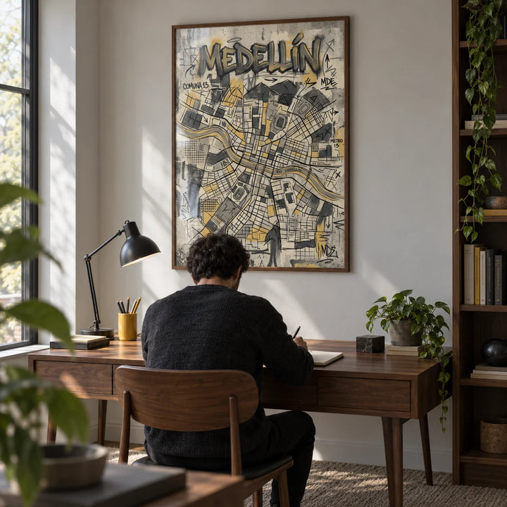 Medellin Map Art Print, framed on the wall of a modern home study with a pale grey wall and walnut furniture