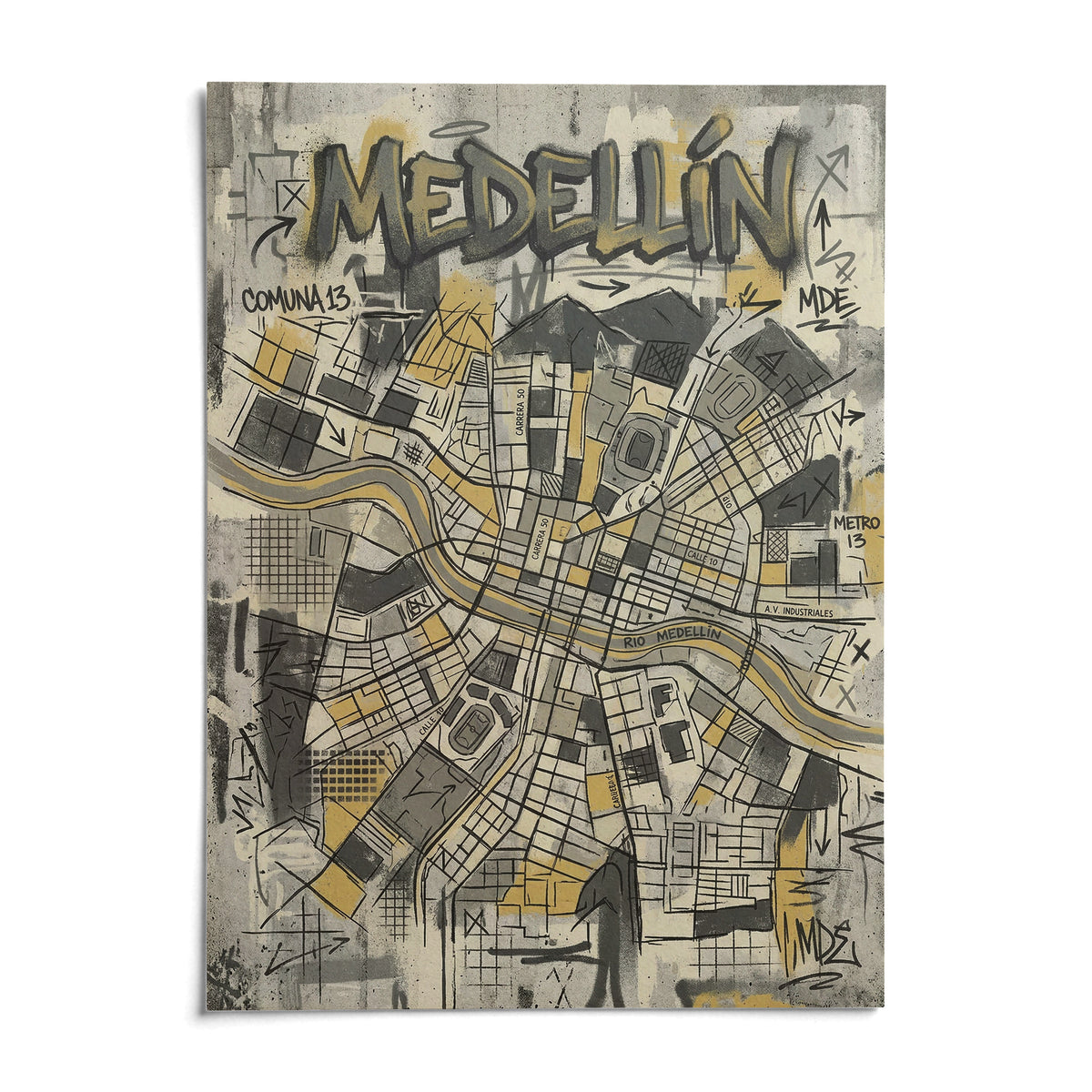 Medellin Map Art Print, shown as an unframed paper print on a plain white background