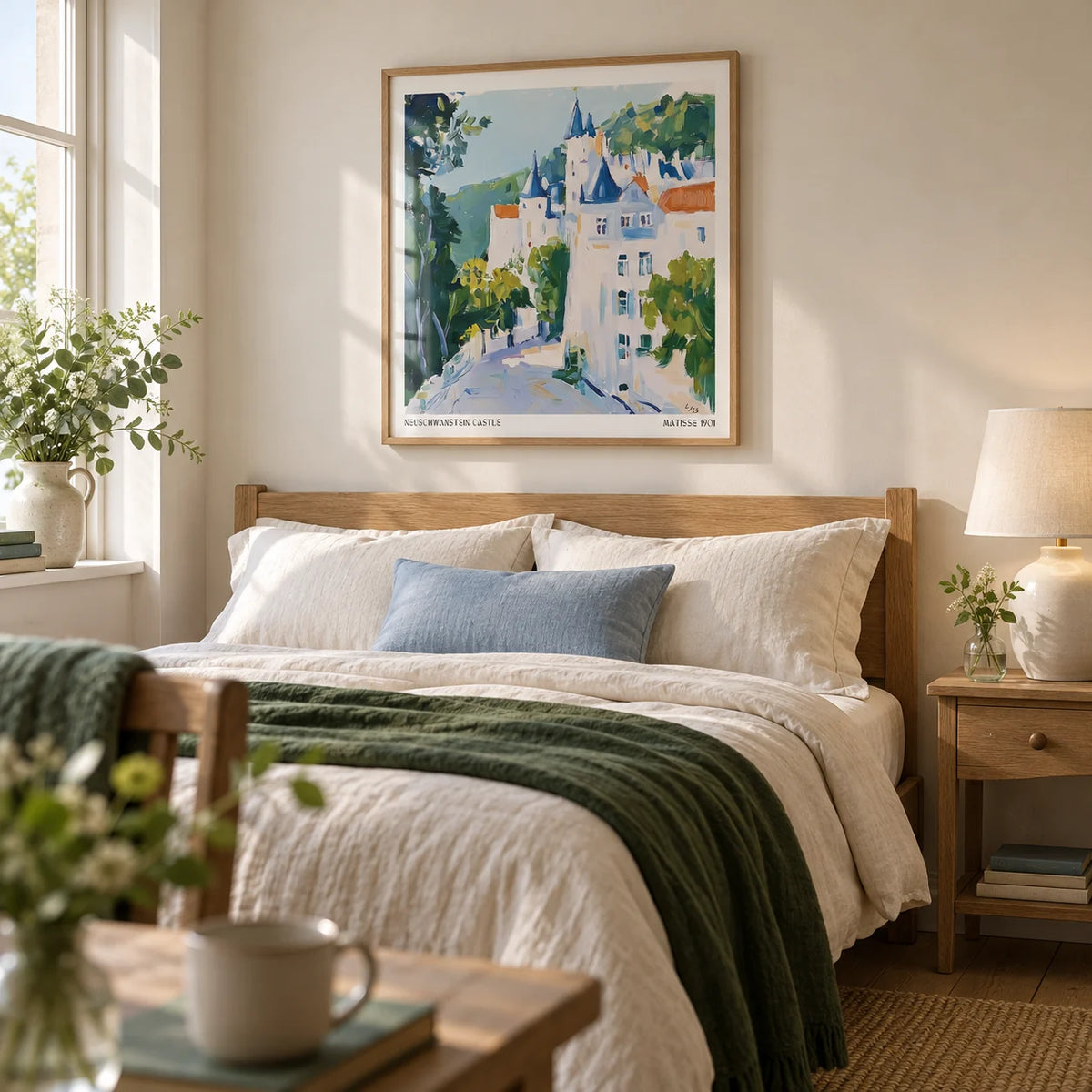 Medieval Castle Art, framed on the wall of a peaceful guest bedroom in a UK country house with ivory walls and natural oak floorboards