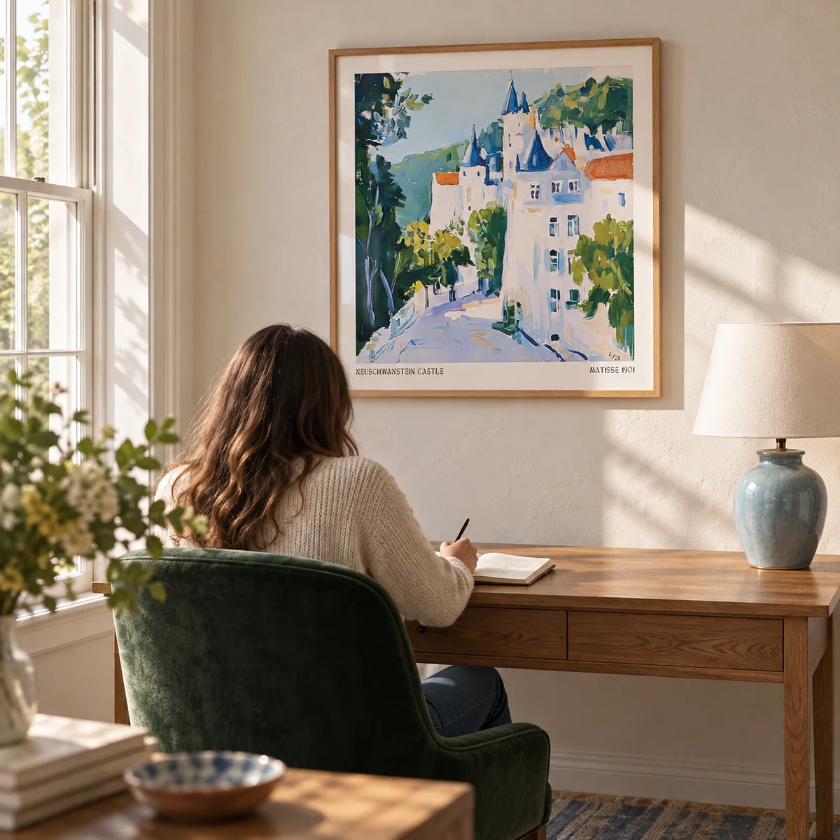 Medieval Castle Art, framed on the wall of a quiet home study with ivory plaster walls and a tall sash window
