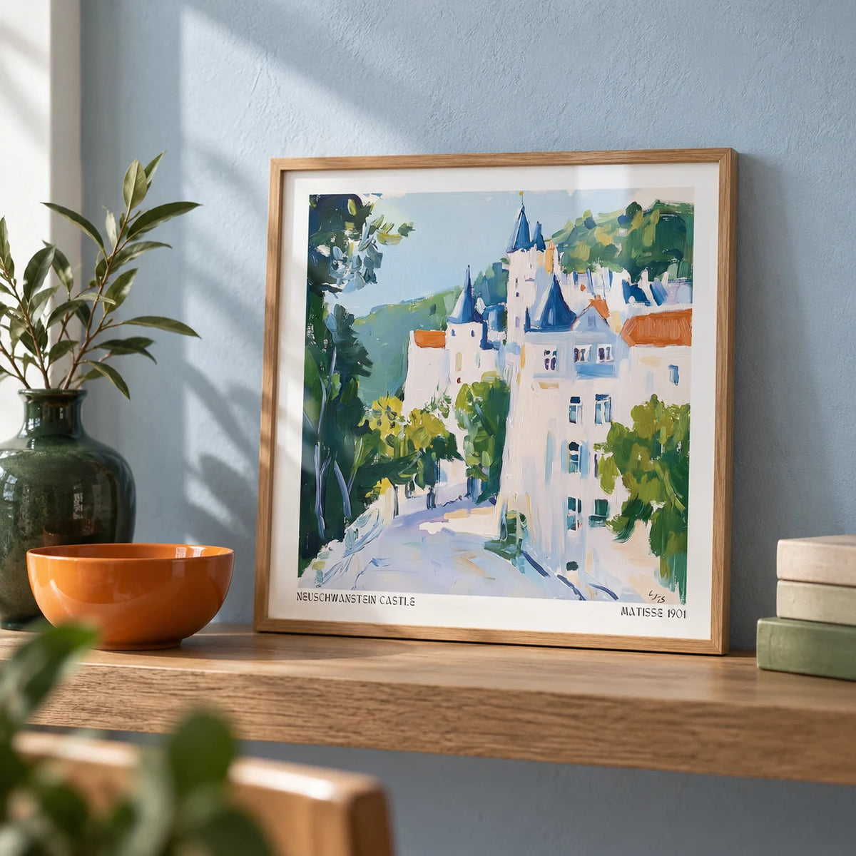 Medieval Castle Art, a small A4 framed print leaning on an oak shelf in a living room