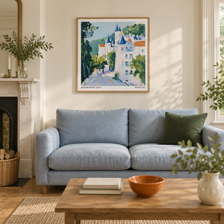 Medieval Castle Art, framed on the wall of a welcoming living room in a renovated British terrace with chalky ivory walls