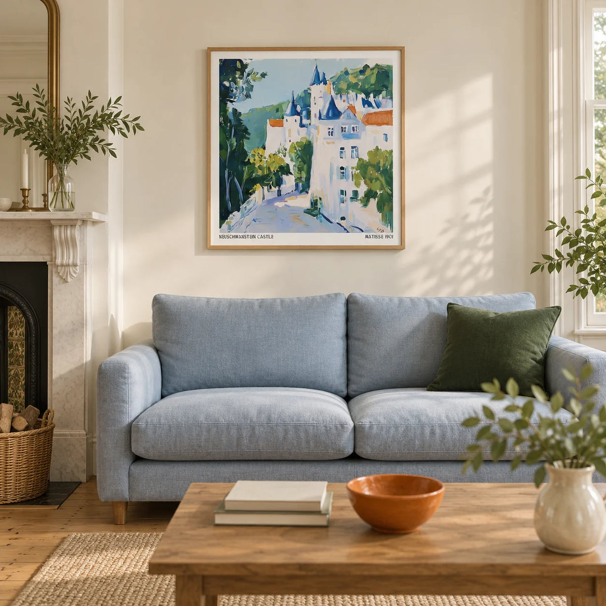 Medieval Castle Art, framed on the wall of a welcoming living room in a renovated British terrace with chalky ivory walls