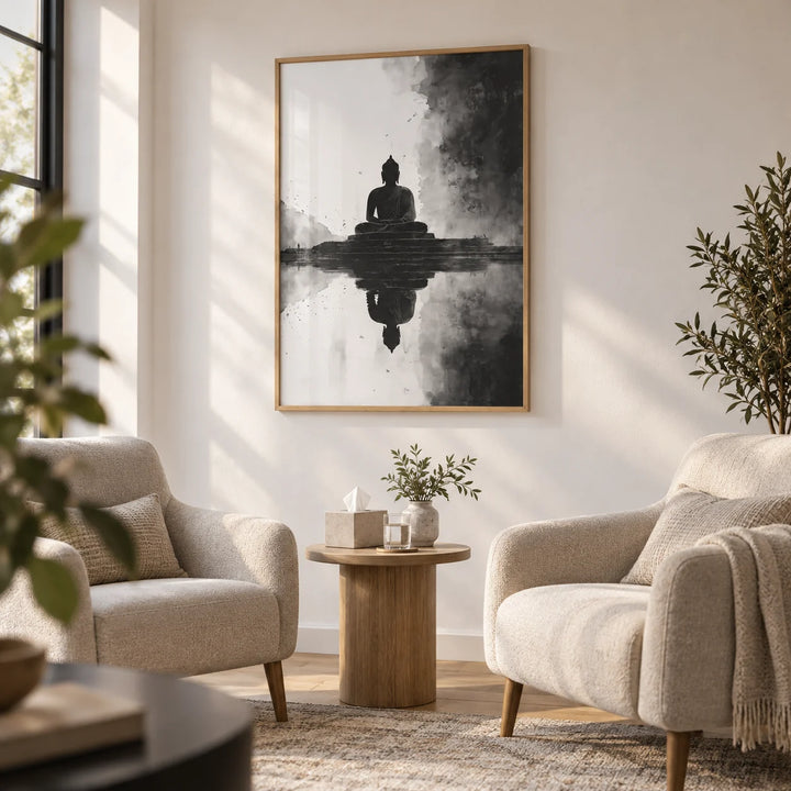 Meditation Art Print, framed on the wall of a calm counselling room in a home practice with a soft white wall in a living room
