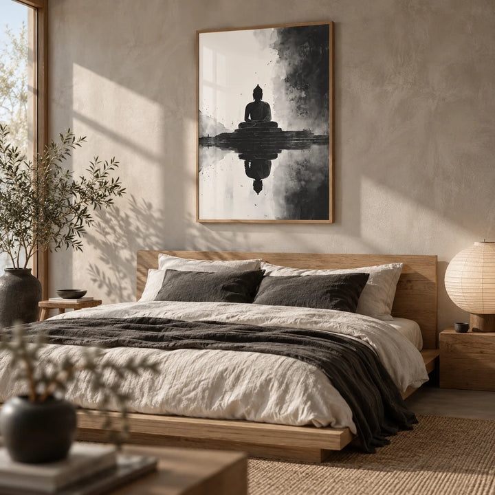 Meditation Art Print, framed on the wall of a calm Japandi bedroom with a warm grey limewashed wall