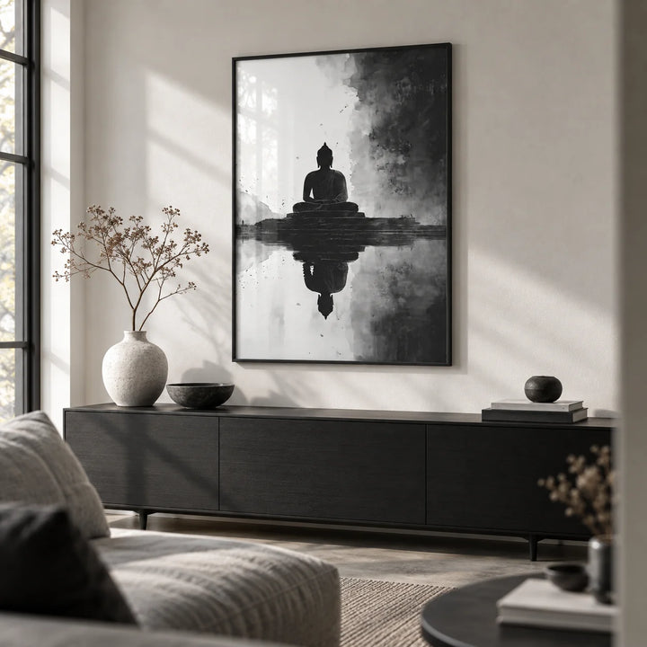 Meditation Art Print, framed on the wall of a calm monochrome living room with a soft white wall