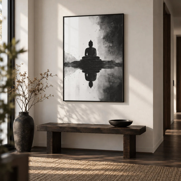 Meditation Art Print, framed on the wall of a quiet Japandi hallway with a white wall and a dark wood floor