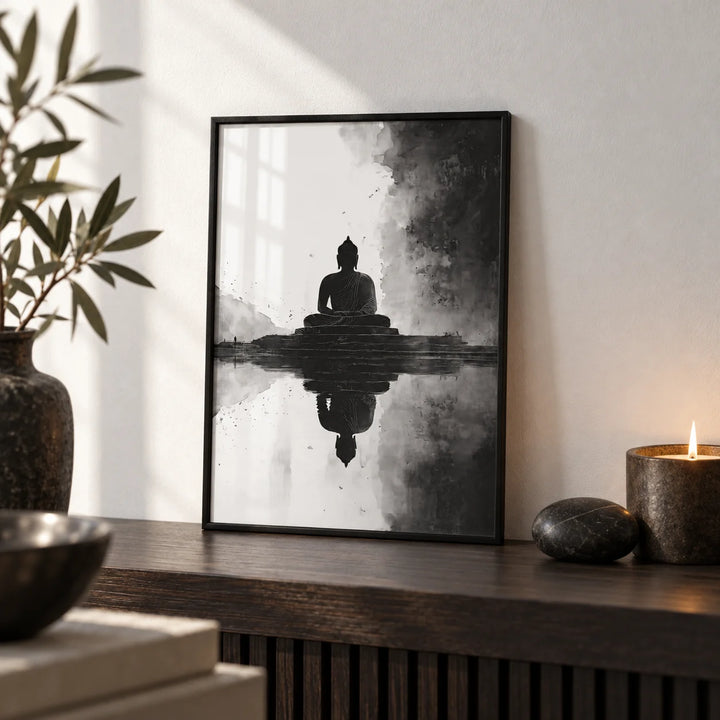 Meditation Art Print, a small A4 framed print leaning on a dark wood shelf in a living room
