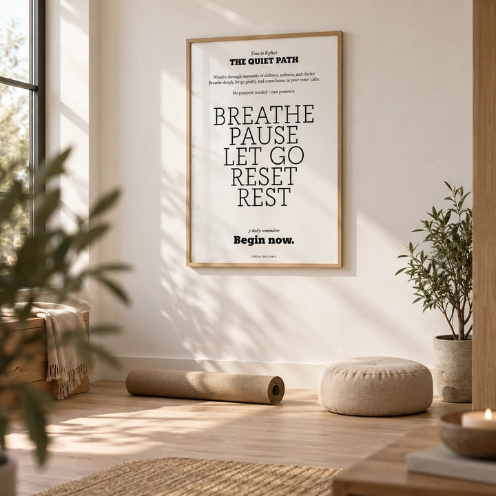 Meditation Poster, framed on the wall of a bright yoga room with a white wall and a pale oak floor