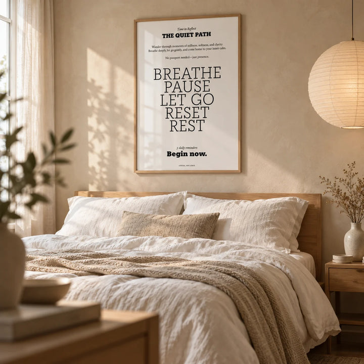 Meditation Poster, framed on the wall of a calm bedroom with a warm beige limewash wall