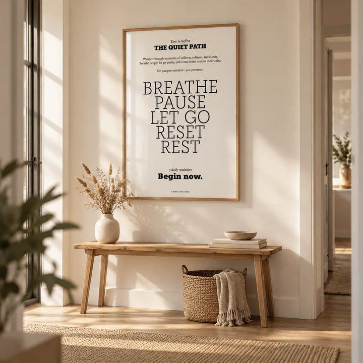Meditation Poster, framed on the wall of a calm hallway with a warm white wall and a pale oak floor
