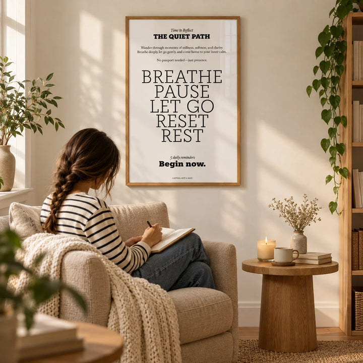 Meditation Poster, framed on the wall of a calm reading corner with a warm white wall in a living room