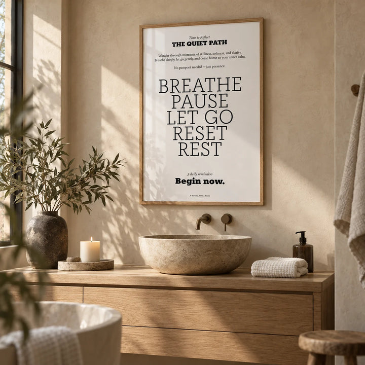 Meditation Poster, framed on the wall of a calm spa bathroom with warm beige microcement walls