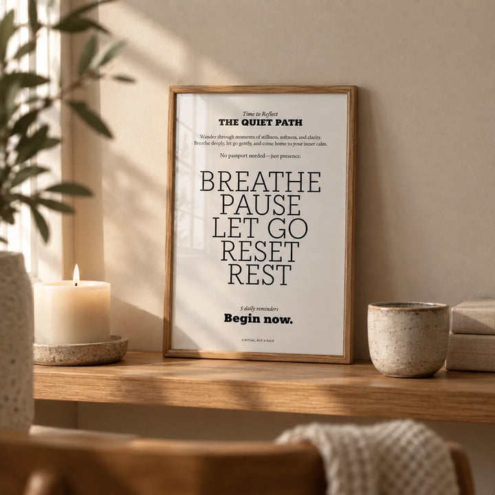 Meditation Poster, a small A4 framed print leaning on an oak shelf in a living room
